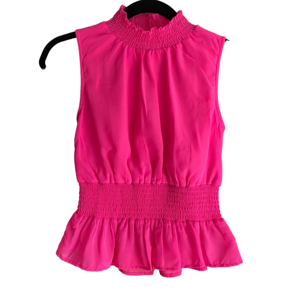 Japna Barbiecore Smocked High Neck Peplum Sleeveless Blouse Hot Pink Coquette-S